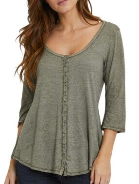 Guess Cotton Henley Tunic Womens Large Olive Green Button Front Y2K